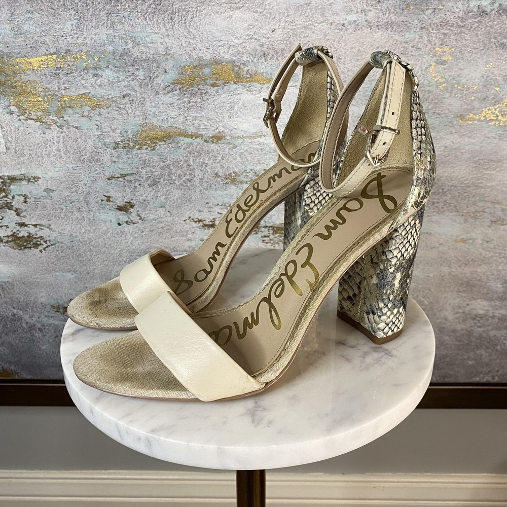 Sam Edelman Shoes Womens Size 8 Beige Snake Print Block Heel Sandals Leather